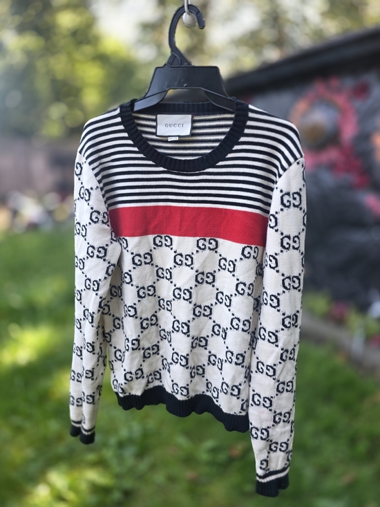 Gucci Sweaters - Gucci Cream, Black & Red GG Logo Crew Neck Sweater